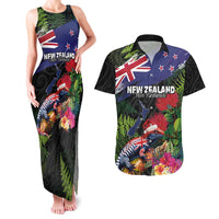 New Zealand Christmas Couples Matching Tank Maxi Dress and Hawaiian Shirt Meri Kirihimete-Tuatara and Pohutukawa Black Color LT03 Black - Polynesian Pride