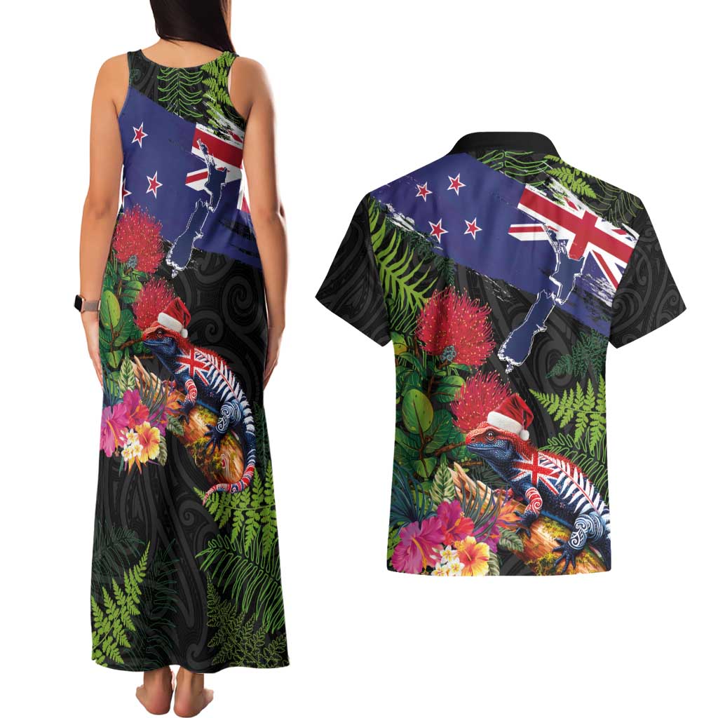 New Zealand Christmas Couples Matching Tank Maxi Dress and Hawaiian Shirt Meri Kirihimete-Tuatara and Pohutukawa Black Color LT03 - Polynesian Pride
