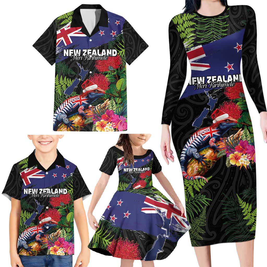 New Zealand Christmas Family Matching Long Sleeve Bodycon Dress and Hawaiian Shirt Meri Kirihimete-Tuatara and Pohutukawa Black Color LT03 - Polynesian Pride