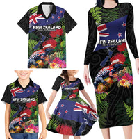 New Zealand Christmas Family Matching Long Sleeve Bodycon Dress and Hawaiian Shirt Meri Kirihimete-Tuatara and Pohutukawa Black Color LT03 - Polynesian Pride