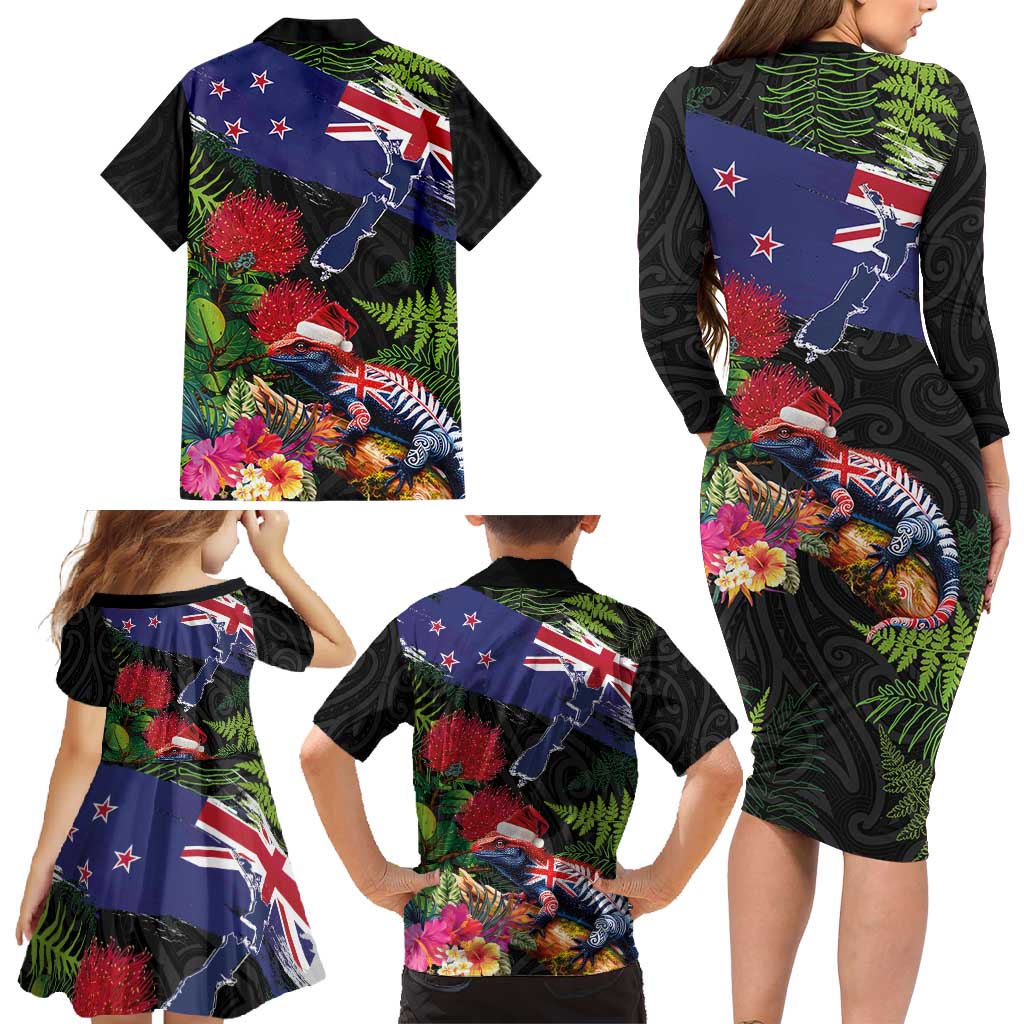 New Zealand Christmas Family Matching Long Sleeve Bodycon Dress and Hawaiian Shirt Meri Kirihimete-Tuatara and Pohutukawa Black Color LT03 - Polynesian Pride