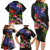 New Zealand Christmas Family Matching Long Sleeve Bodycon Dress and Hawaiian Shirt Meri Kirihimete-Tuatara and Pohutukawa Black Color LT03 - Polynesian Pride