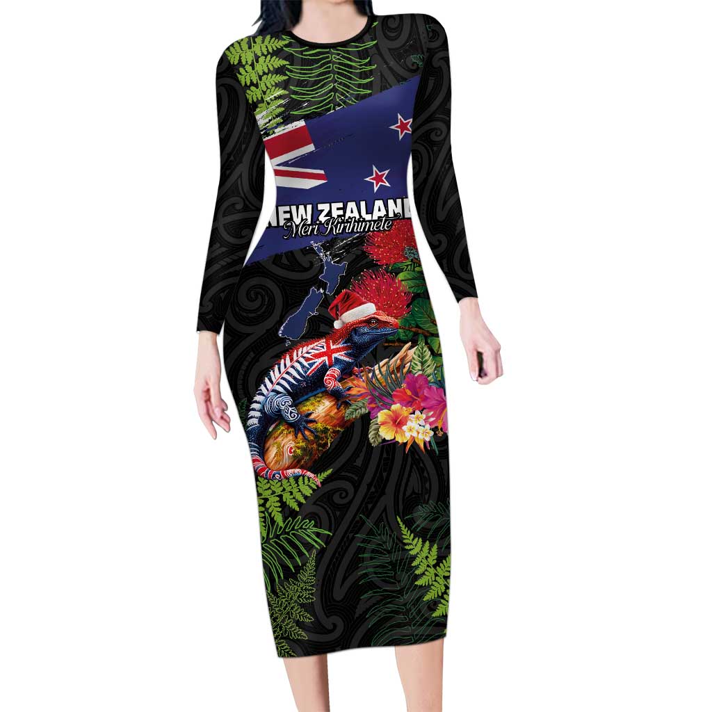 New Zealand Christmas Family Matching Long Sleeve Bodycon Dress and Hawaiian Shirt Meri Kirihimete-Tuatara and Pohutukawa Black Color LT03 Mom's Dress Black - Polynesian Pride