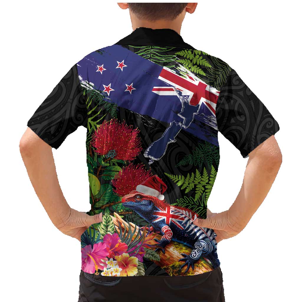 New Zealand Christmas Family Matching Mermaid Dress and Hawaiian Shirt Meri Kirihimete-Tuatara and Pohutukawa Black Color LT03 - Polynesian Pride