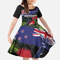 New Zealand Christmas Family Matching Mermaid Dress and Hawaiian Shirt Meri Kirihimete-Tuatara and Pohutukawa Black Color LT03 Daughter's Dress Black - Polynesian Pride