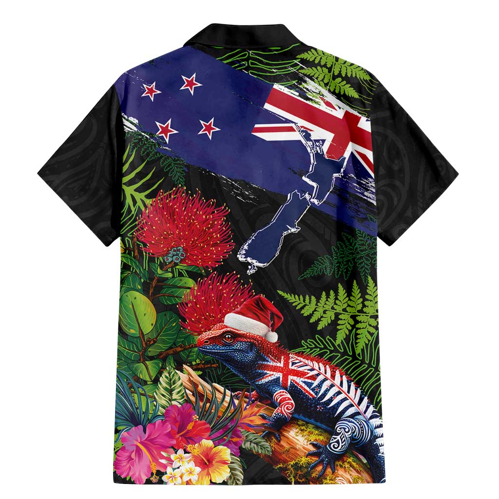 New Zealand Christmas Family Matching Mermaid Dress and Hawaiian Shirt Meri Kirihimete-Tuatara and Pohutukawa Black Color LT03 - Polynesian Pride