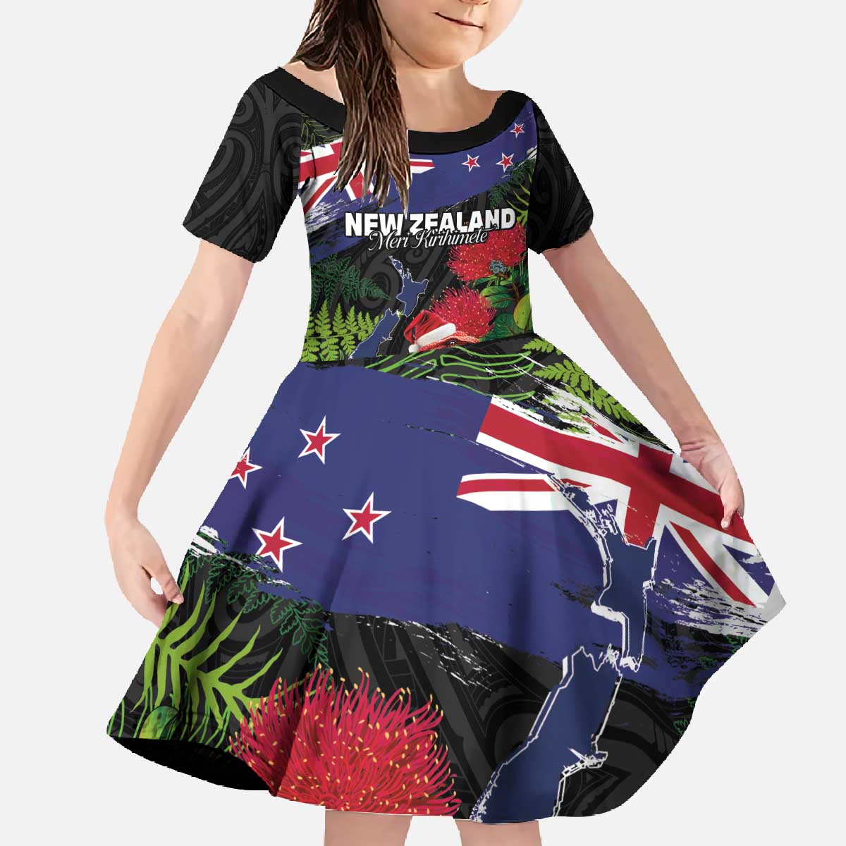New Zealand Christmas Family Matching Off The Shoulder Long Sleeve Dress and Hawaiian Shirt Meri Kirihimete-Tuatara and Pohutukawa Black Color LT03 Daughter's Dress Black - Polynesian Pride