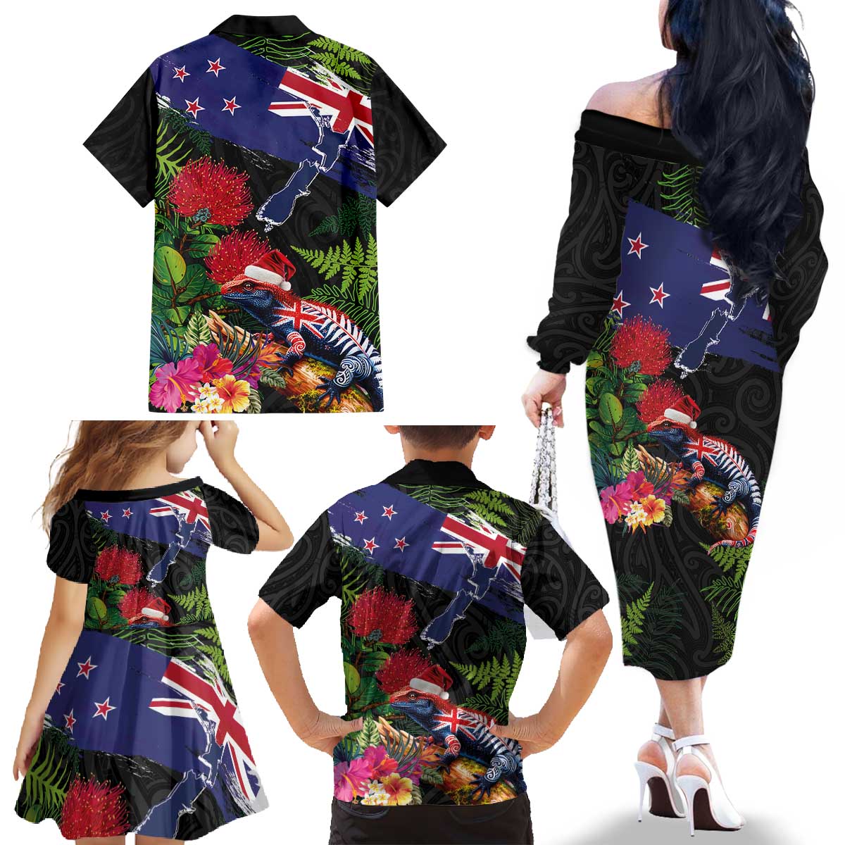New Zealand Christmas Family Matching Off The Shoulder Long Sleeve Dress and Hawaiian Shirt Meri Kirihimete-Tuatara and Pohutukawa Black Color LT03 - Polynesian Pride