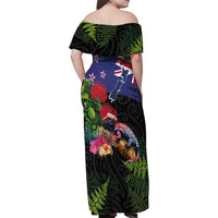 New Zealand Christmas Family Matching Off Shoulder Maxi Dress and Hawaiian Shirt Meri Kirihimete-Tuatara and Pohutukawa Black Color LT03 - Polynesian Pride