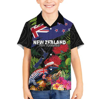 New Zealand Christmas Family Matching Off Shoulder Maxi Dress and Hawaiian Shirt Meri Kirihimete-Tuatara and Pohutukawa Black Color LT03 Son's Shirt Black - Polynesian Pride