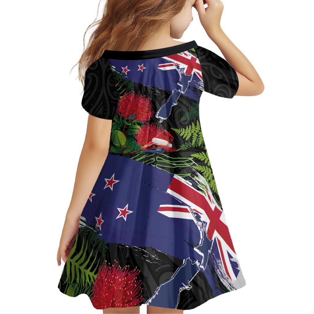 New Zealand Christmas Family Matching Off Shoulder Short Dress and Hawaiian Shirt Meri Kirihimete-Tuatara and Pohutukawa Black Color LT03 - Polynesian Pride