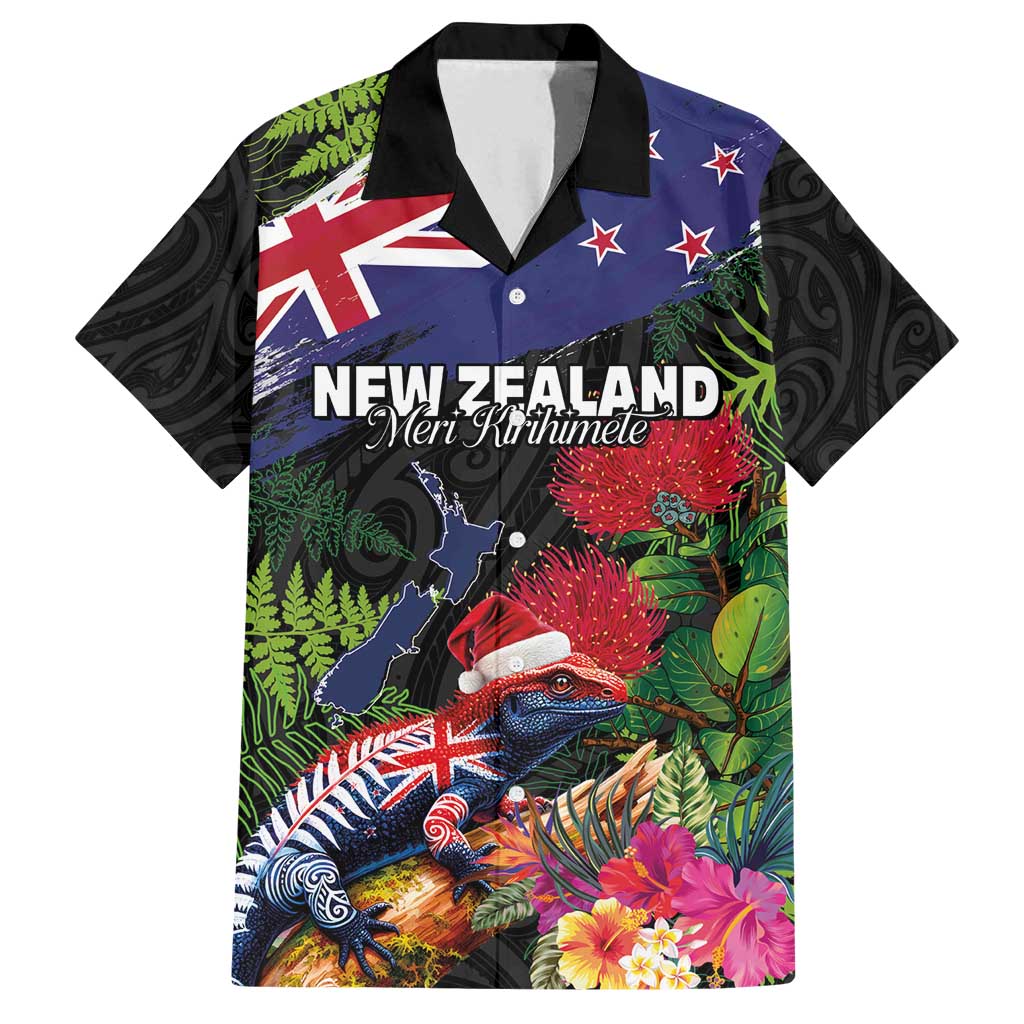 New Zealand Christmas Family Matching Off Shoulder Short Dress and Hawaiian Shirt Meri Kirihimete-Tuatara and Pohutukawa Black Color LT03 Dad's Shirt - Short Sleeve Black - Polynesian Pride