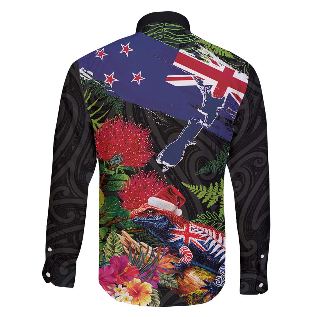 New Zealand Christmas Family Matching Off Shoulder Short Dress and Hawaiian Shirt Meri Kirihimete-Tuatara and Pohutukawa Black Color LT03 - Polynesian Pride