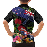 New Zealand Christmas Family Matching Puletasi and Hawaiian Shirt Meri Kirihimete-Tuatara and Pohutukawa Black Color LT03 - Polynesian Pride