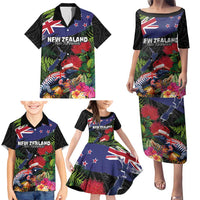 New Zealand Christmas Family Matching Puletasi and Hawaiian Shirt Meri Kirihimete-Tuatara and Pohutukawa Black Color LT03 - Polynesian Pride