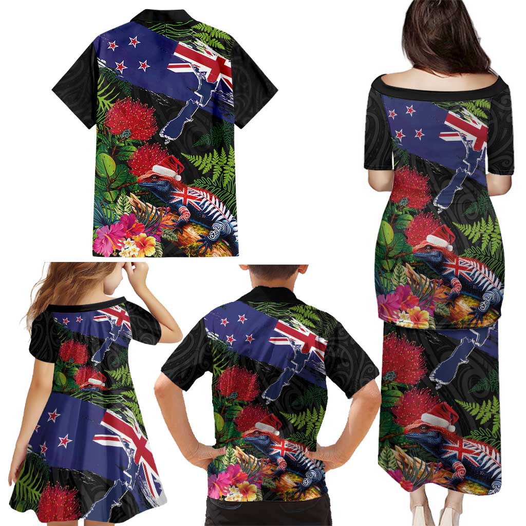 New Zealand Christmas Family Matching Puletasi and Hawaiian Shirt Meri Kirihimete-Tuatara and Pohutukawa Black Color LT03 - Polynesian Pride