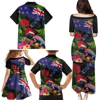 New Zealand Christmas Family Matching Puletasi and Hawaiian Shirt Meri Kirihimete-Tuatara and Pohutukawa Black Color LT03 - Polynesian Pride