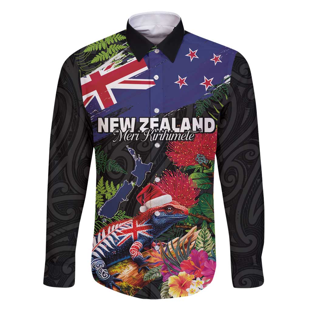 New Zealand Christmas Family Matching Puletasi and Hawaiian Shirt Meri Kirihimete-Tuatara and Pohutukawa Black Color LT03 Dad's Shirt - Long Sleeve Black - Polynesian Pride