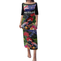 New Zealand Christmas Family Matching Puletasi and Hawaiian Shirt Meri Kirihimete-Tuatara and Pohutukawa Black Color LT03 Mom's Dress Black - Polynesian Pride