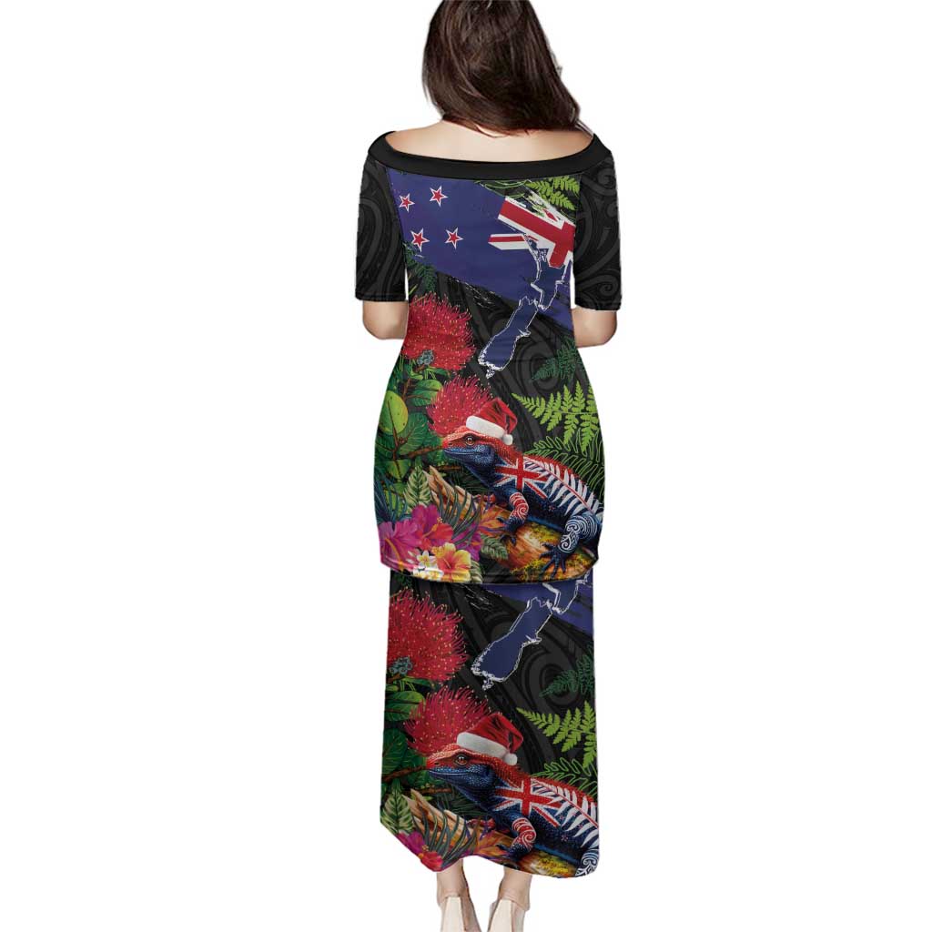 New Zealand Christmas Family Matching Puletasi and Hawaiian Shirt Meri Kirihimete-Tuatara and Pohutukawa Black Color LT03 - Polynesian Pride