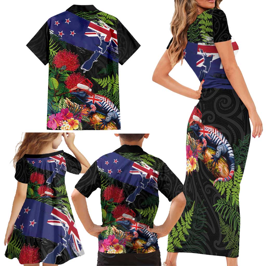 New Zealand Christmas Family Matching Short Sleeve Bodycon Dress and Hawaiian Shirt Meri Kirihimete-Tuatara and Pohutukawa Black Color LT03 - Polynesian Pride