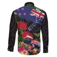 New Zealand Christmas Family Matching Short Sleeve Bodycon Dress and Hawaiian Shirt Meri Kirihimete-Tuatara and Pohutukawa Black Color LT03 - Polynesian Pride