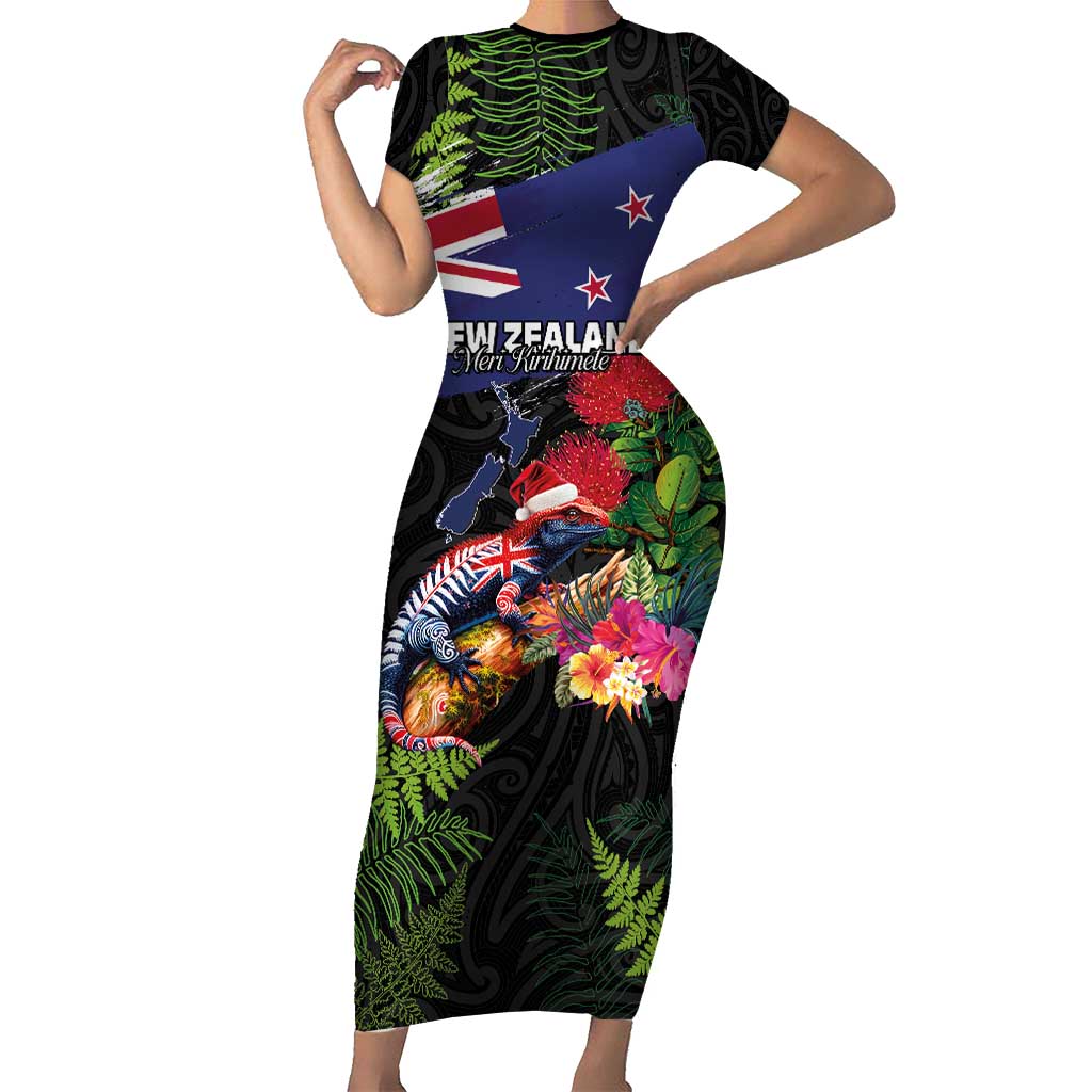 New Zealand Christmas Family Matching Short Sleeve Bodycon Dress and Hawaiian Shirt Meri Kirihimete-Tuatara and Pohutukawa Black Color LT03 Mom's Dress Black - Polynesian Pride