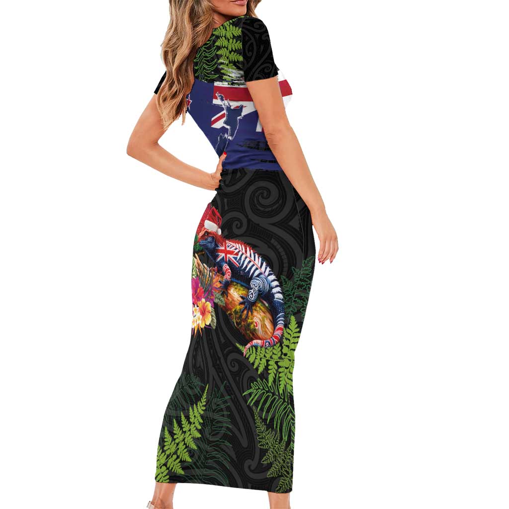 New Zealand Christmas Family Matching Short Sleeve Bodycon Dress and Hawaiian Shirt Meri Kirihimete-Tuatara and Pohutukawa Black Color LT03 - Polynesian Pride