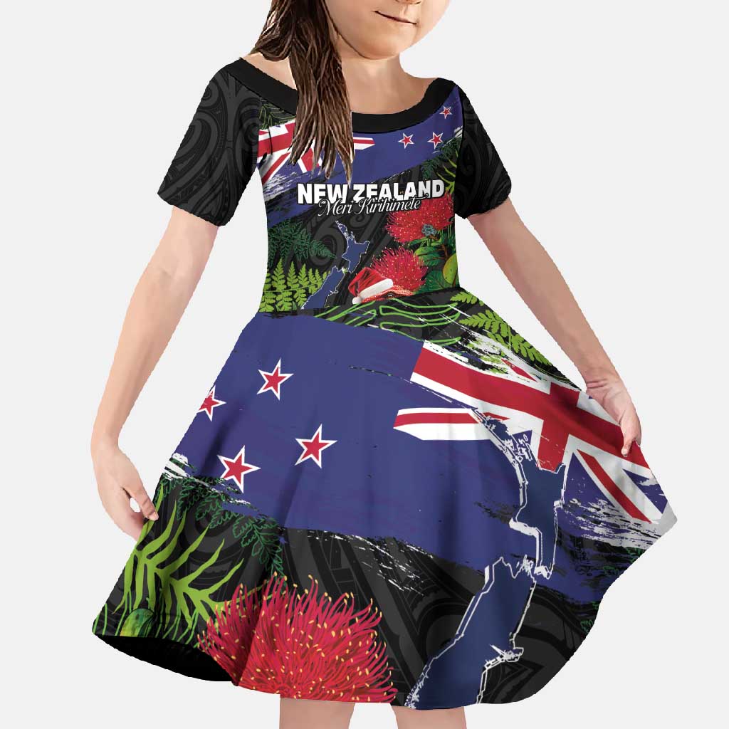 New Zealand Christmas Family Matching Summer Maxi Dress and Hawaiian Shirt Meri Kirihimete-Tuatara and Pohutukawa Black Color LT03 Daughter's Dress Black - Polynesian Pride