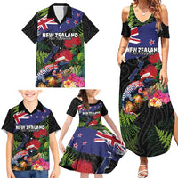 New Zealand Christmas Family Matching Summer Maxi Dress and Hawaiian Shirt Meri Kirihimete-Tuatara and Pohutukawa Black Color LT03 - Polynesian Pride