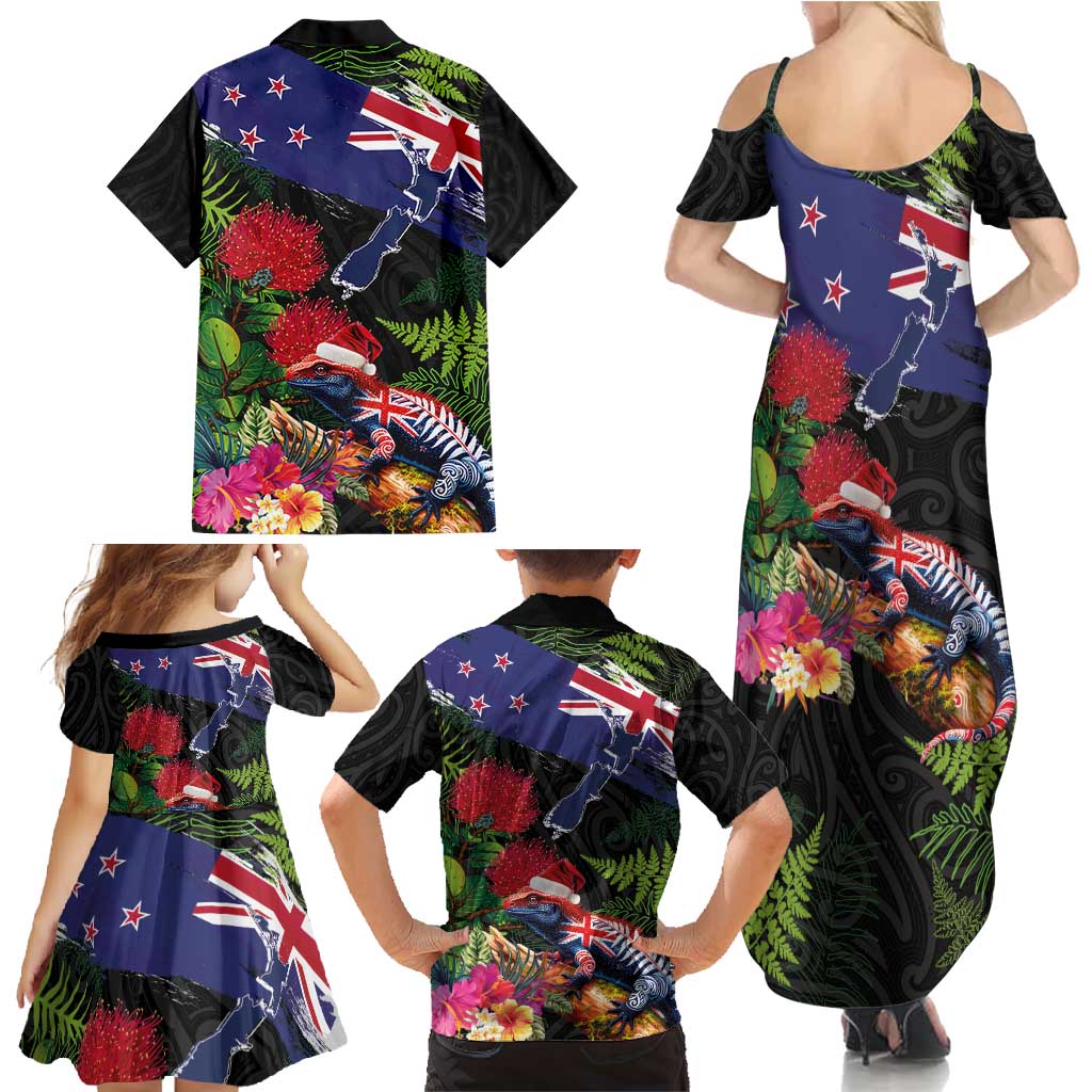 New Zealand Christmas Family Matching Summer Maxi Dress and Hawaiian Shirt Meri Kirihimete-Tuatara and Pohutukawa Black Color LT03 - Polynesian Pride