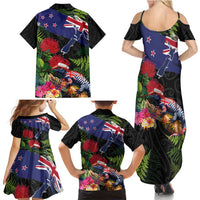 New Zealand Christmas Family Matching Summer Maxi Dress and Hawaiian Shirt Meri Kirihimete-Tuatara and Pohutukawa Black Color LT03 - Polynesian Pride