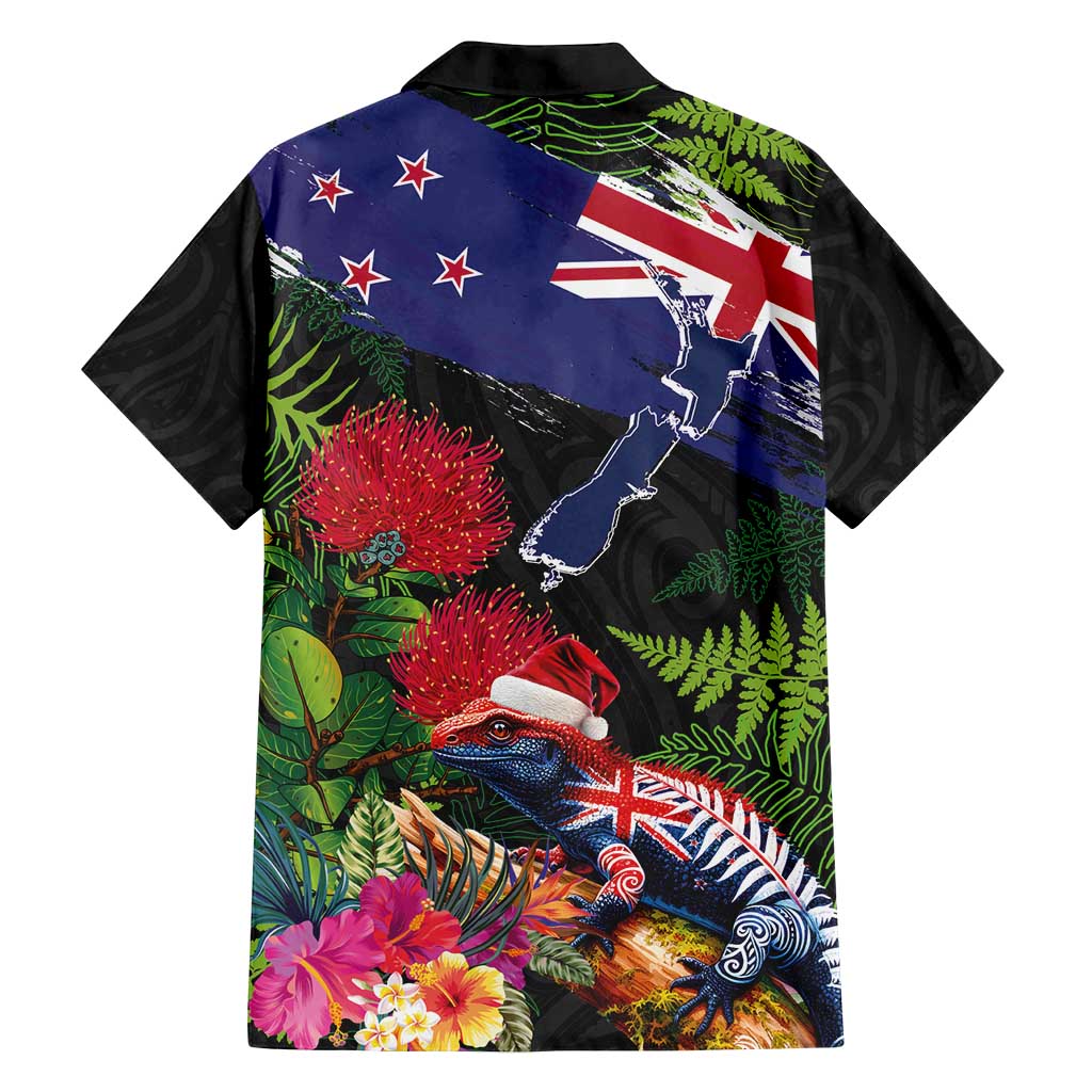New Zealand Christmas Family Matching Summer Maxi Dress and Hawaiian Shirt Meri Kirihimete-Tuatara and Pohutukawa Black Color LT03 - Polynesian Pride