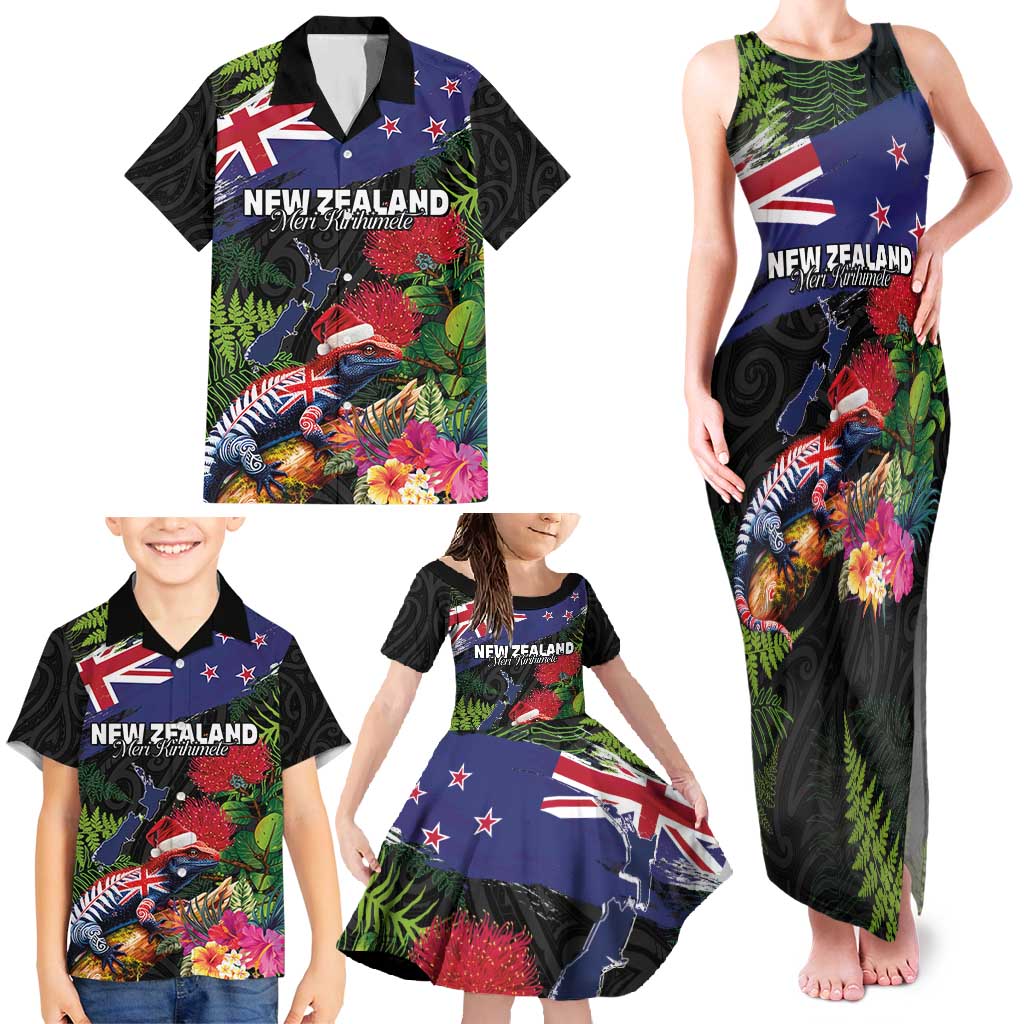 New Zealand Christmas Family Matching Tank Maxi Dress and Hawaiian Shirt Meri Kirihimete-Tuatara and Pohutukawa Black Color LT03 - Polynesian Pride