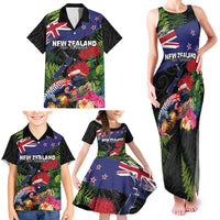 New Zealand Christmas Family Matching Tank Maxi Dress and Hawaiian Shirt Meri Kirihimete-Tuatara and Pohutukawa Black Color LT03 - Polynesian Pride
