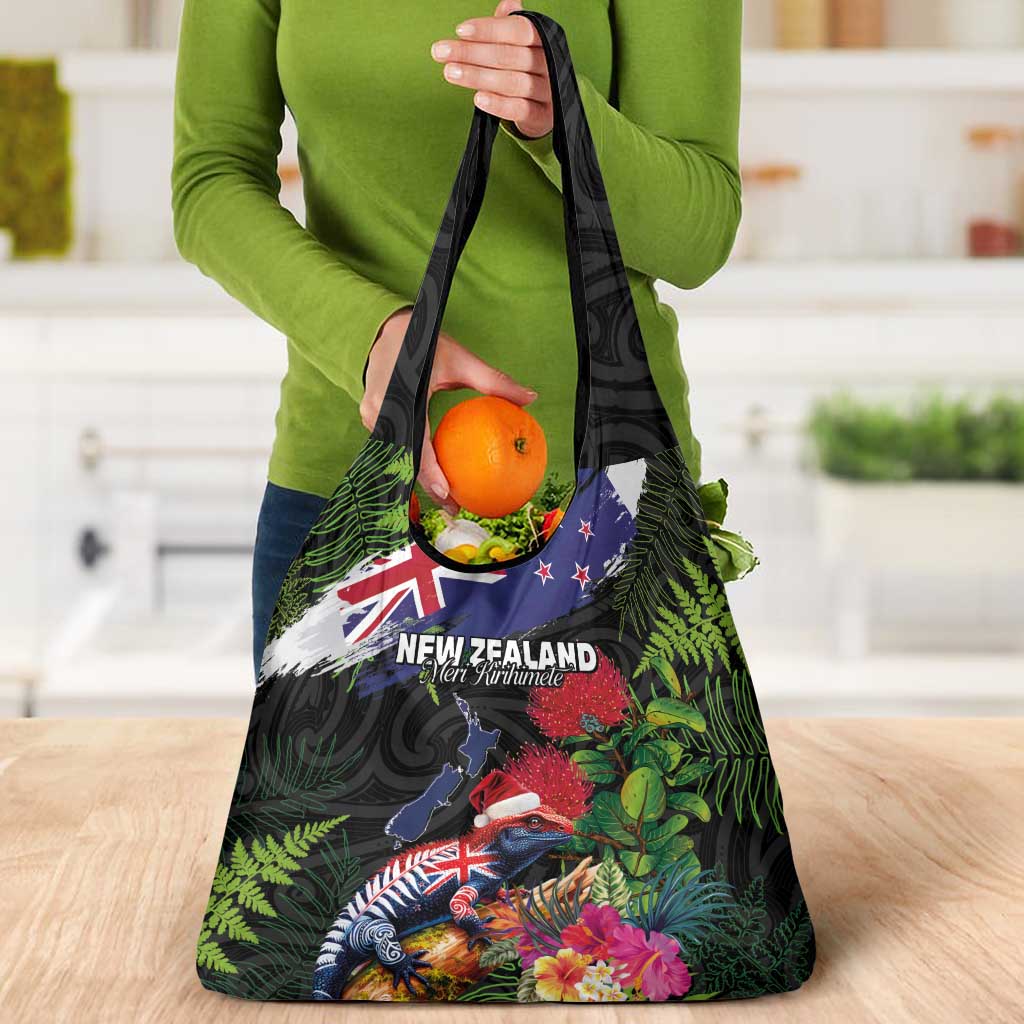 New Zealand Christmas Grocery Bag Meri Kirihimete-Tuatara and Pohutukawa Black Color LT03 - Polynesian Pride