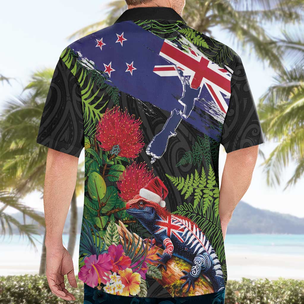 New Zealand Christmas Hawaiian Shirt Meri Kirihimete-Tuatara and Pohutukawa Black Color LT03 - Polynesian Pride