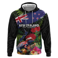 New Zealand Christmas Hoodie Meri Kirihimete-Tuatara and Pohutukawa Black Color LT03 Pullover Hoodie Black - Polynesian Pride