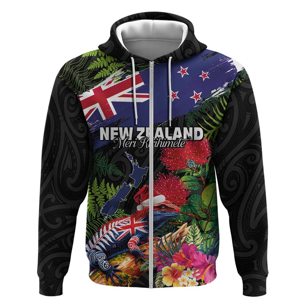 New Zealand Christmas Hoodie Meri Kirihimete-Tuatara and Pohutukawa Black Color LT03 Zip Hoodie Black - Polynesian Pride