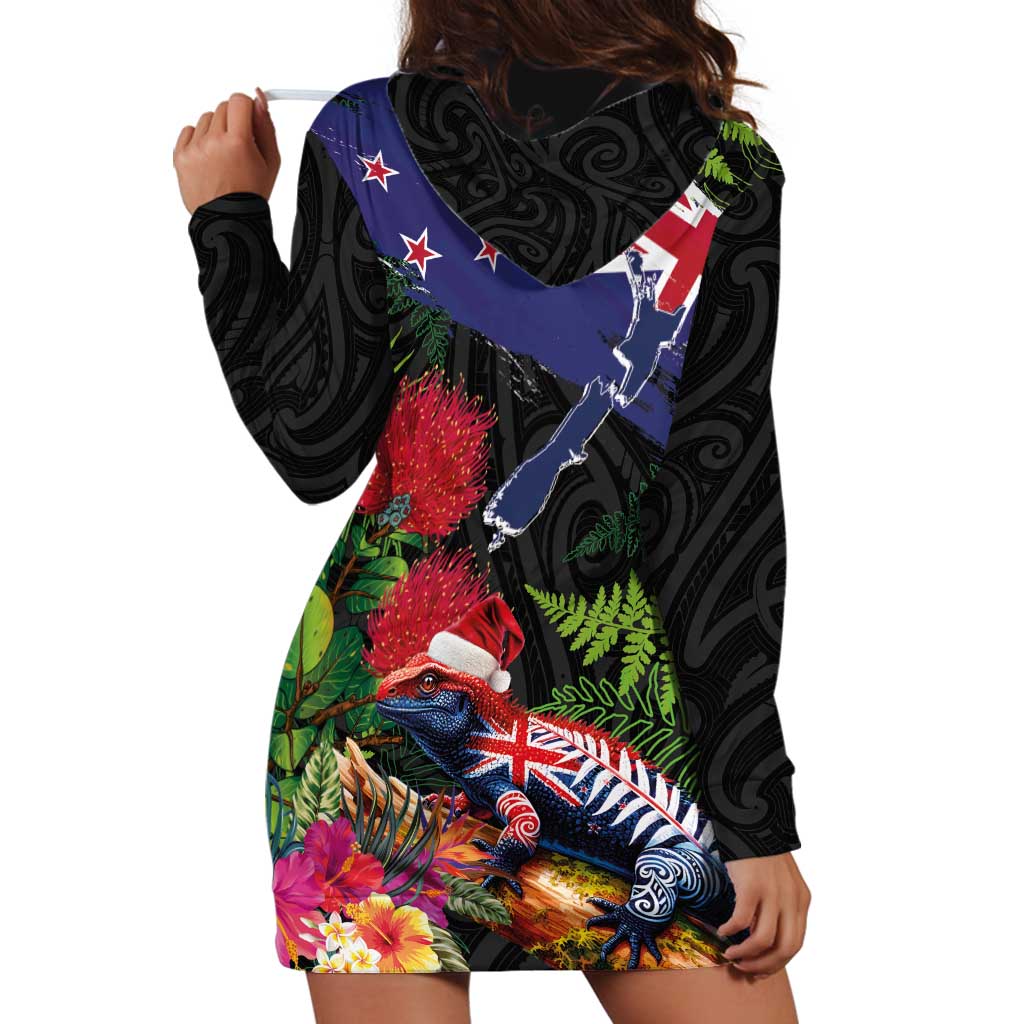 New Zealand Christmas Hoodie Dress Meri Kirihimete-Tuatara and Pohutukawa Black Color LT03 - Polynesian Pride