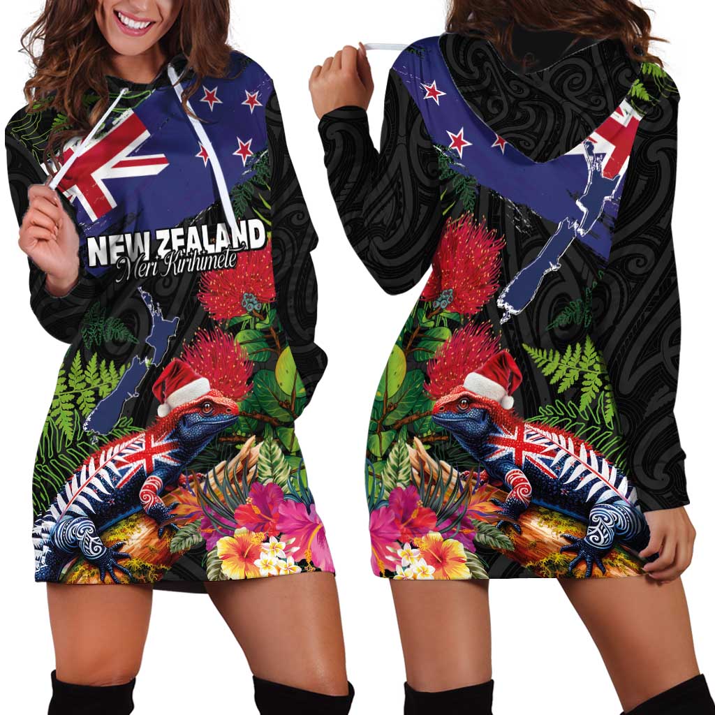 New Zealand Christmas Hoodie Dress Meri Kirihimete-Tuatara and Pohutukawa Black Color LT03 - Polynesian Pride