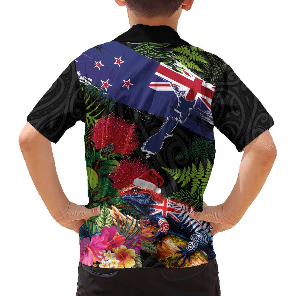 New Zealand Christmas Kid Hawaiian Shirt Meri Kirihimete-Tuatara and Pohutukawa Black Color LT03 - Polynesian Pride