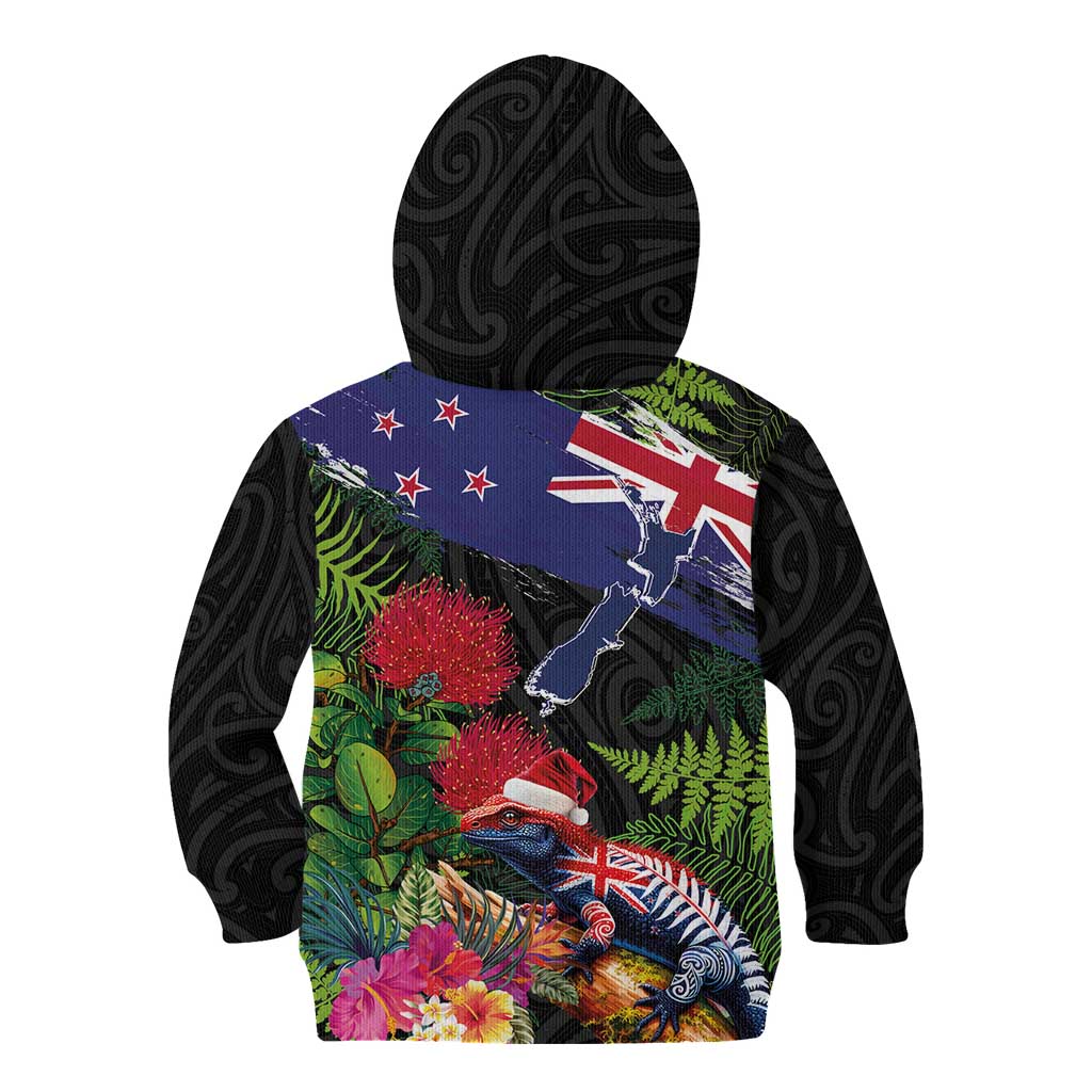 New Zealand Christmas Kid Hoodie Meri Kirihimete-Tuatara and Pohutukawa Black Color LT03 - Polynesian Pride