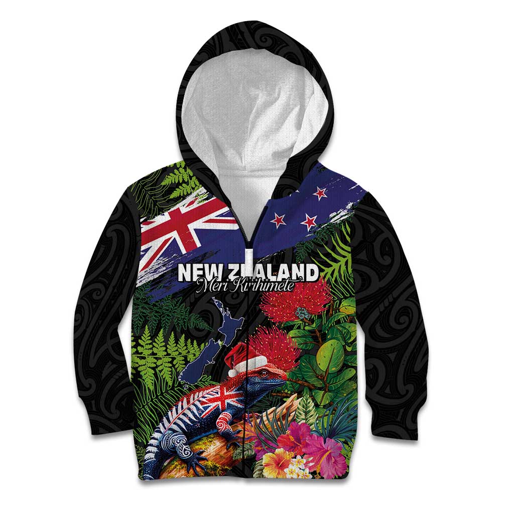 New Zealand Christmas Kid Hoodie Meri Kirihimete-Tuatara and Pohutukawa Black Color LT03 Zip Hoodie Black - Polynesian Pride
