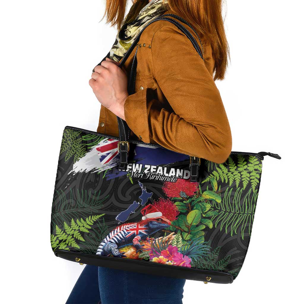 New Zealand Christmas Leather Tote Bag Meri Kirihimete-Tuatara and Pohutukawa Black Color LT03 Black - Polynesian Pride