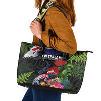 New Zealand Christmas Leather Tote Bag Meri Kirihimete-Tuatara and Pohutukawa Black Color LT03 Black - Polynesian Pride