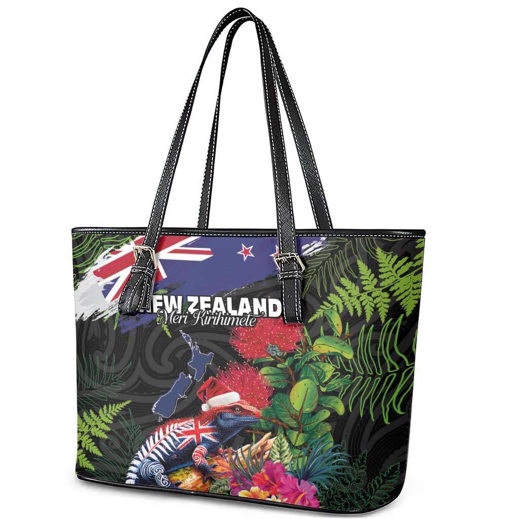 New Zealand Christmas Leather Tote Bag Meri Kirihimete-Tuatara and Pohutukawa Black Color LT03 - Polynesian Pride