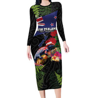 New Zealand Christmas Long Sleeve Bodycon Dress Meri Kirihimete-Tuatara and Pohutukawa Black Color LT03 Long Dress Black - Polynesian Pride