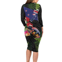 New Zealand Christmas Long Sleeve Bodycon Dress Meri Kirihimete-Tuatara and Pohutukawa Black Color LT03 - Polynesian Pride