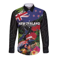 New Zealand Christmas Long Sleeve Button Shirt Meri Kirihimete-Tuatara and Pohutukawa Black Color LT03 Unisex Black - Polynesian Pride